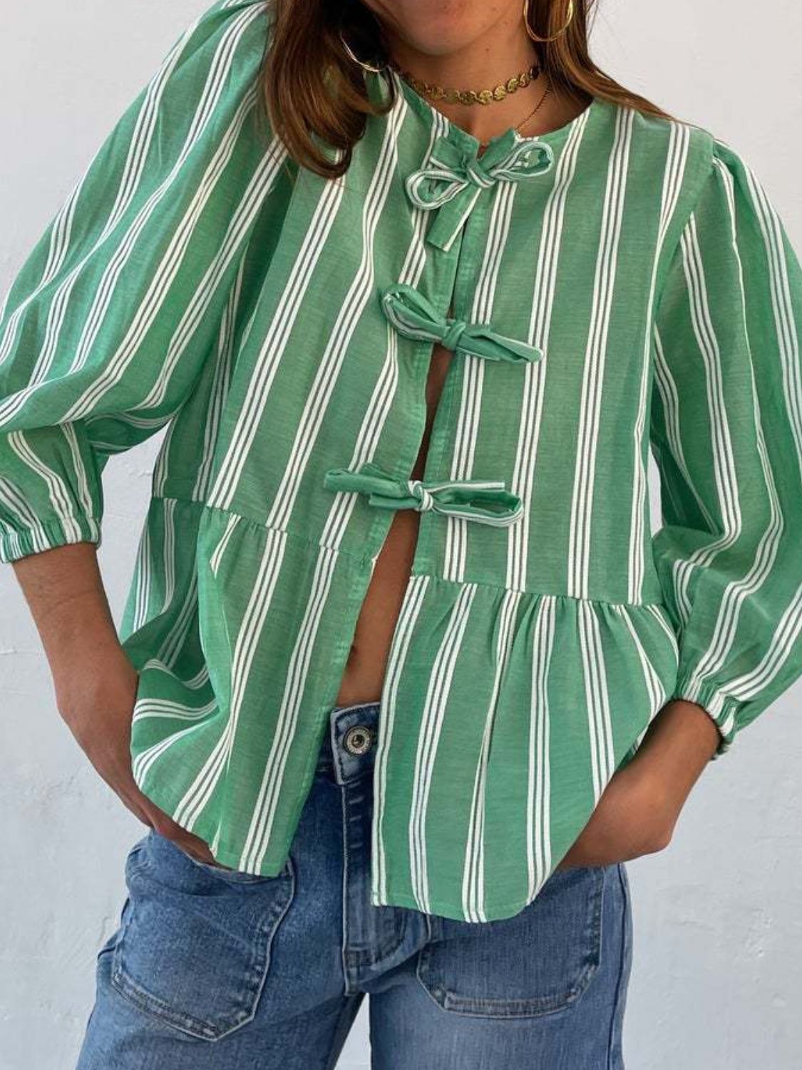 Tied Round Neck Balloon Sleeve Shirt - Classique Collection