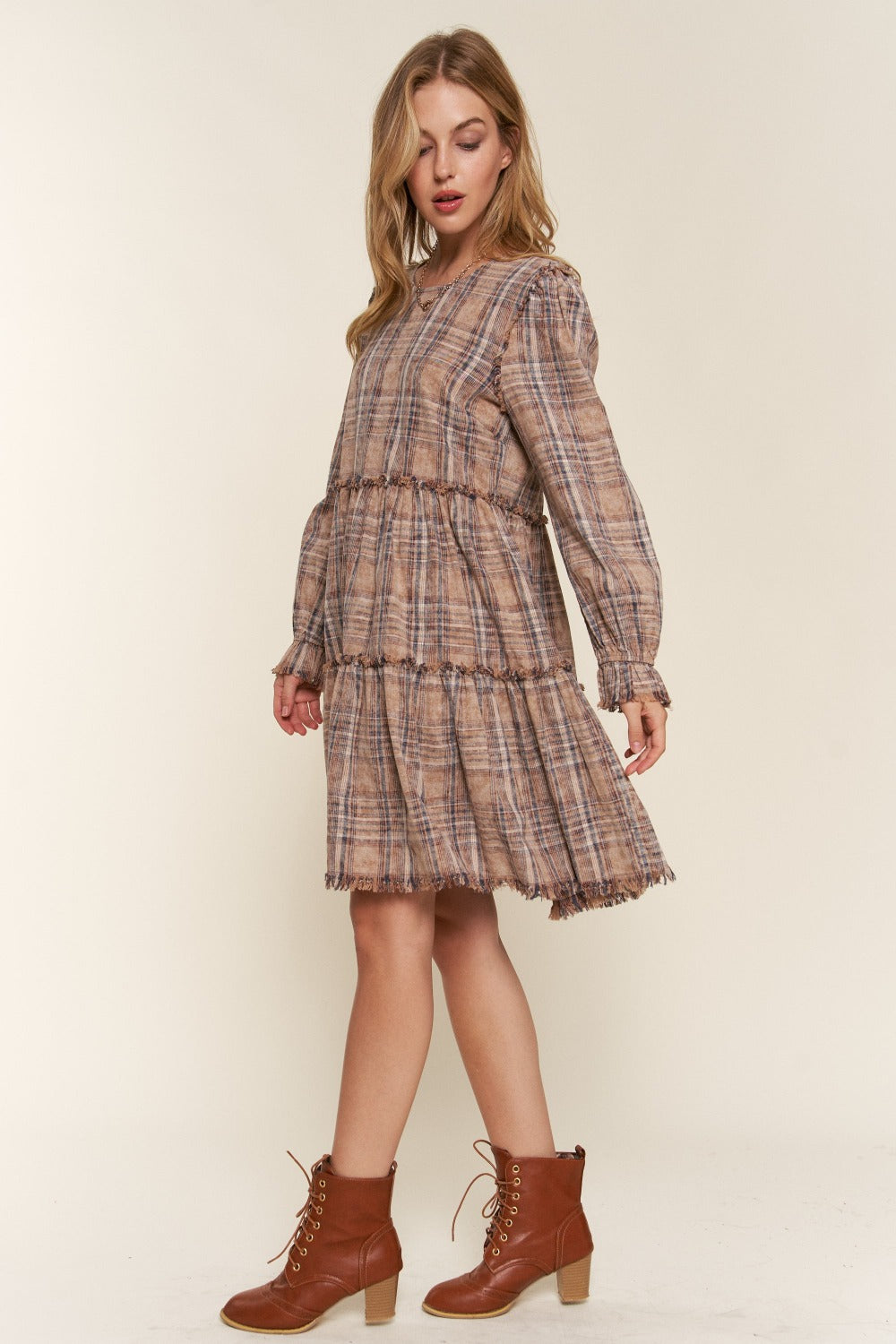 And The Why Full Size Washed Frayed Tiered Plaid Dress - Classique Collection