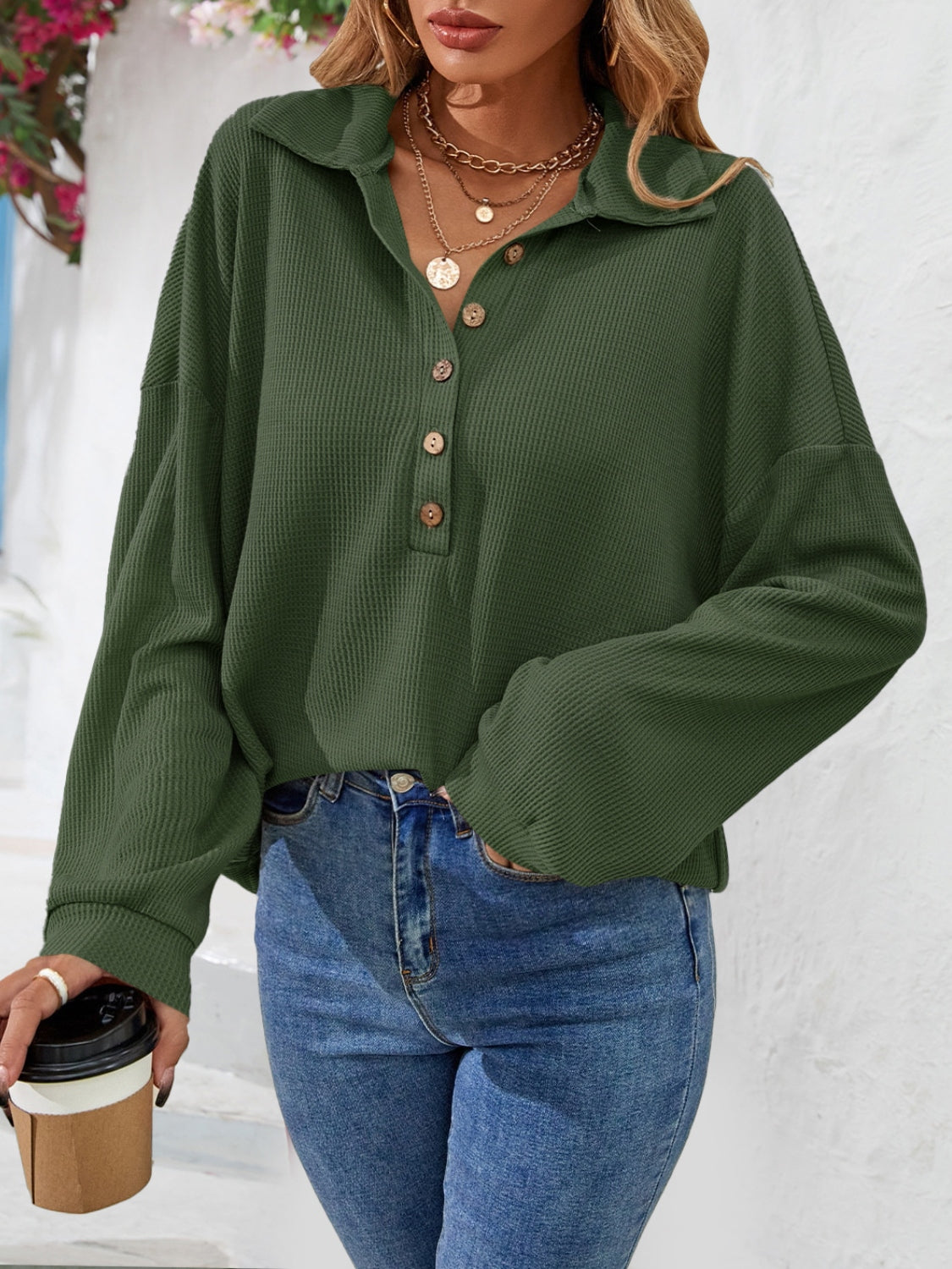 Half Button Collared Neck Long Sleeve Top - Classique Collection