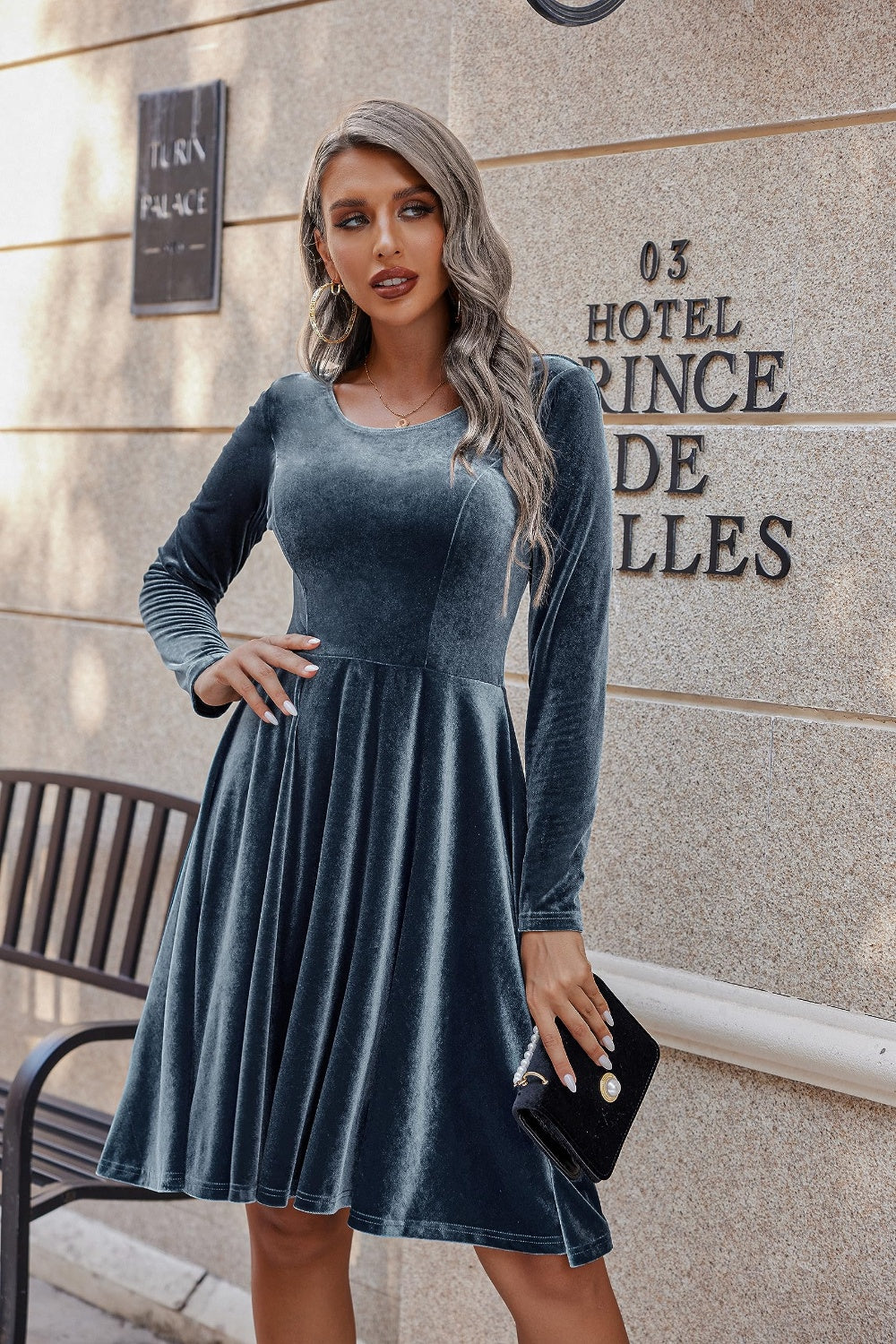 Round Neck Long Sleeve Knee Length Dress - Classique Collection