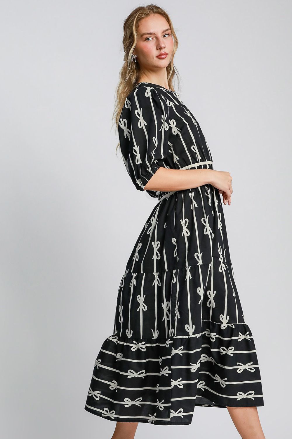 Umgee Bow Tie Print Notched Contrast Velvet Trim Midi Dress - Classique Collection