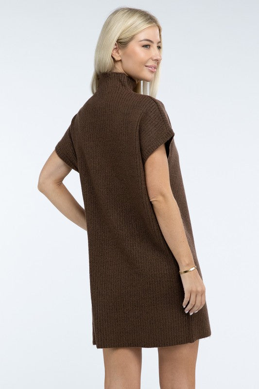 Mock Neck Short Sleeve Sweater Dress with Pocket - Classique Collection