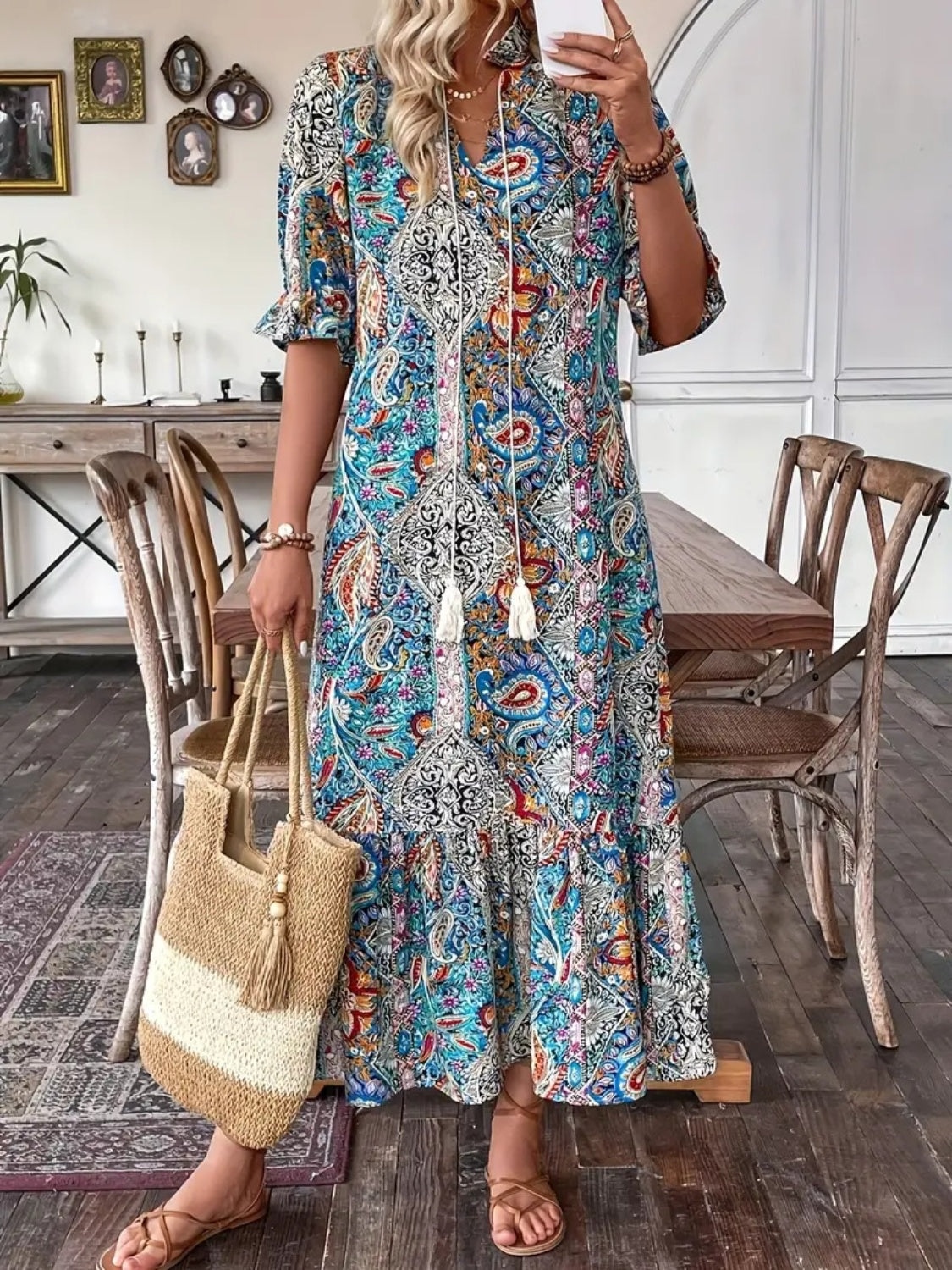 Printed Tie Neck Flounce Sleeve Midi Dress - Classique Collection