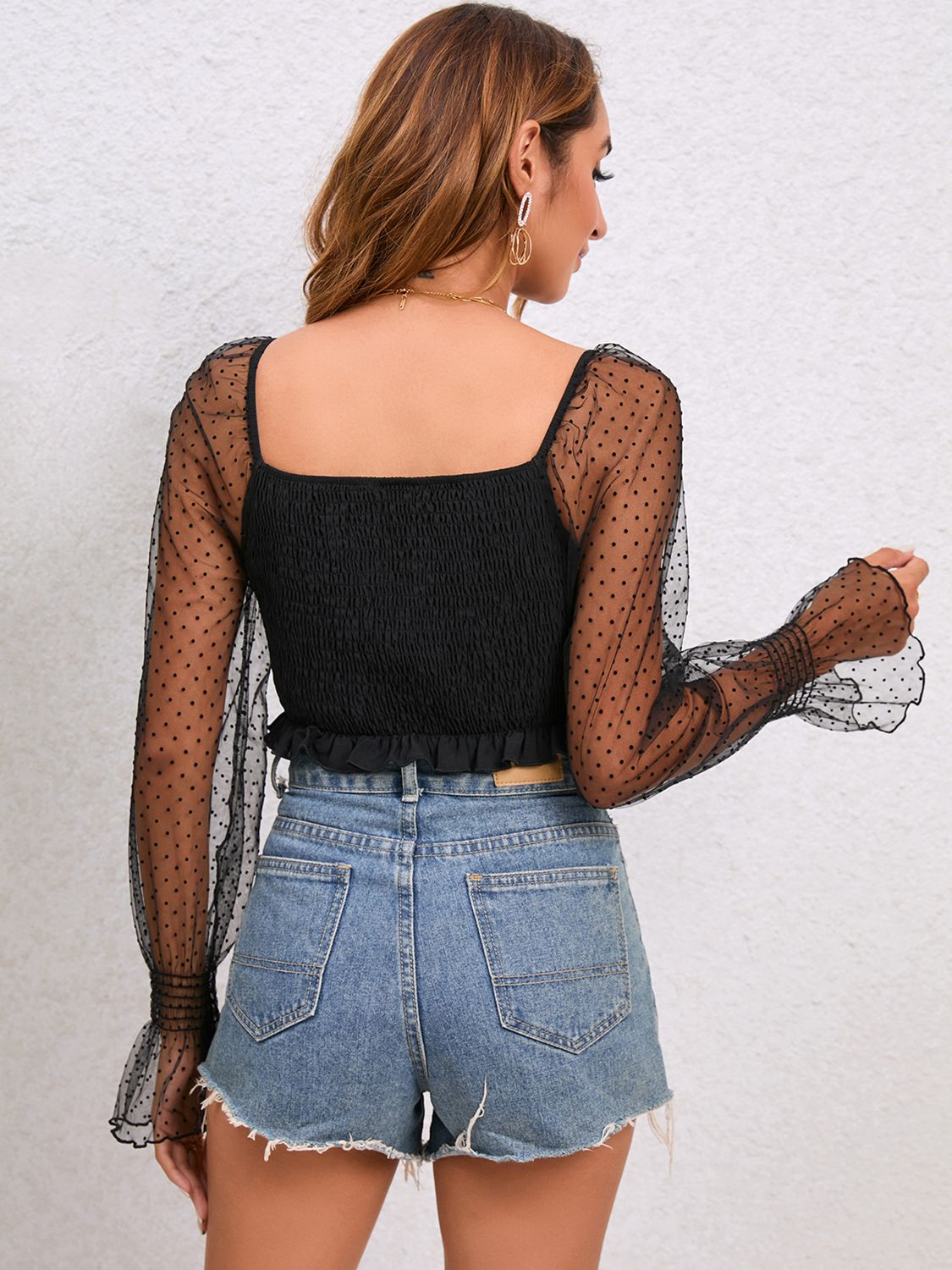 Drawstring Flounce Sleeve Cropped Top - Classique Collection