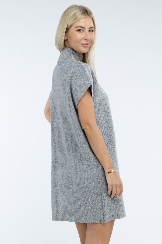Mock Neck Short Sleeve Sweater Dress with Pocket - Classique Collection