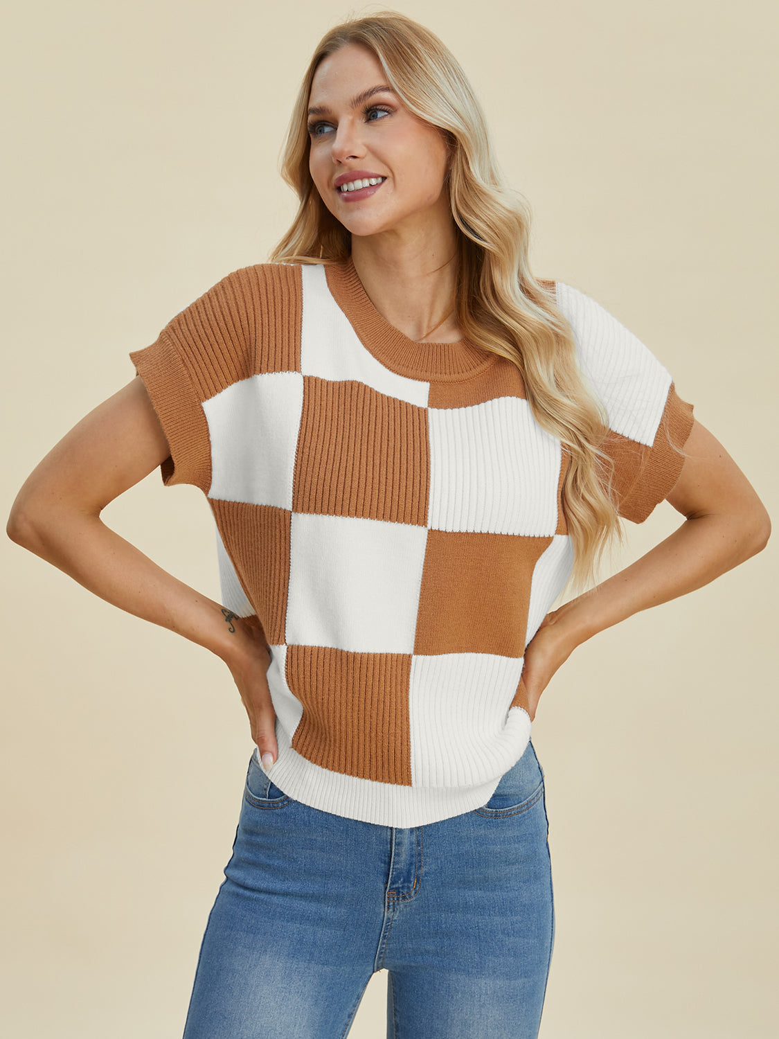 Double Take Full Size Checkered Round Neck Short Sleeve Sweater - ClassiQ
