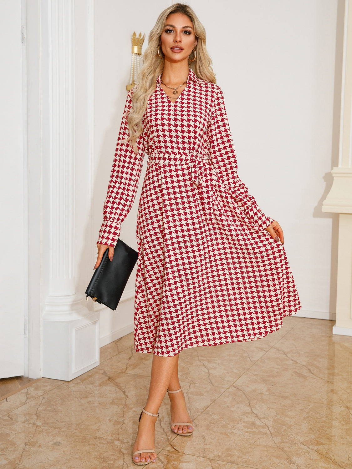 Tied Houndstooth Long Sleeve Midi Dress - Classique Collection