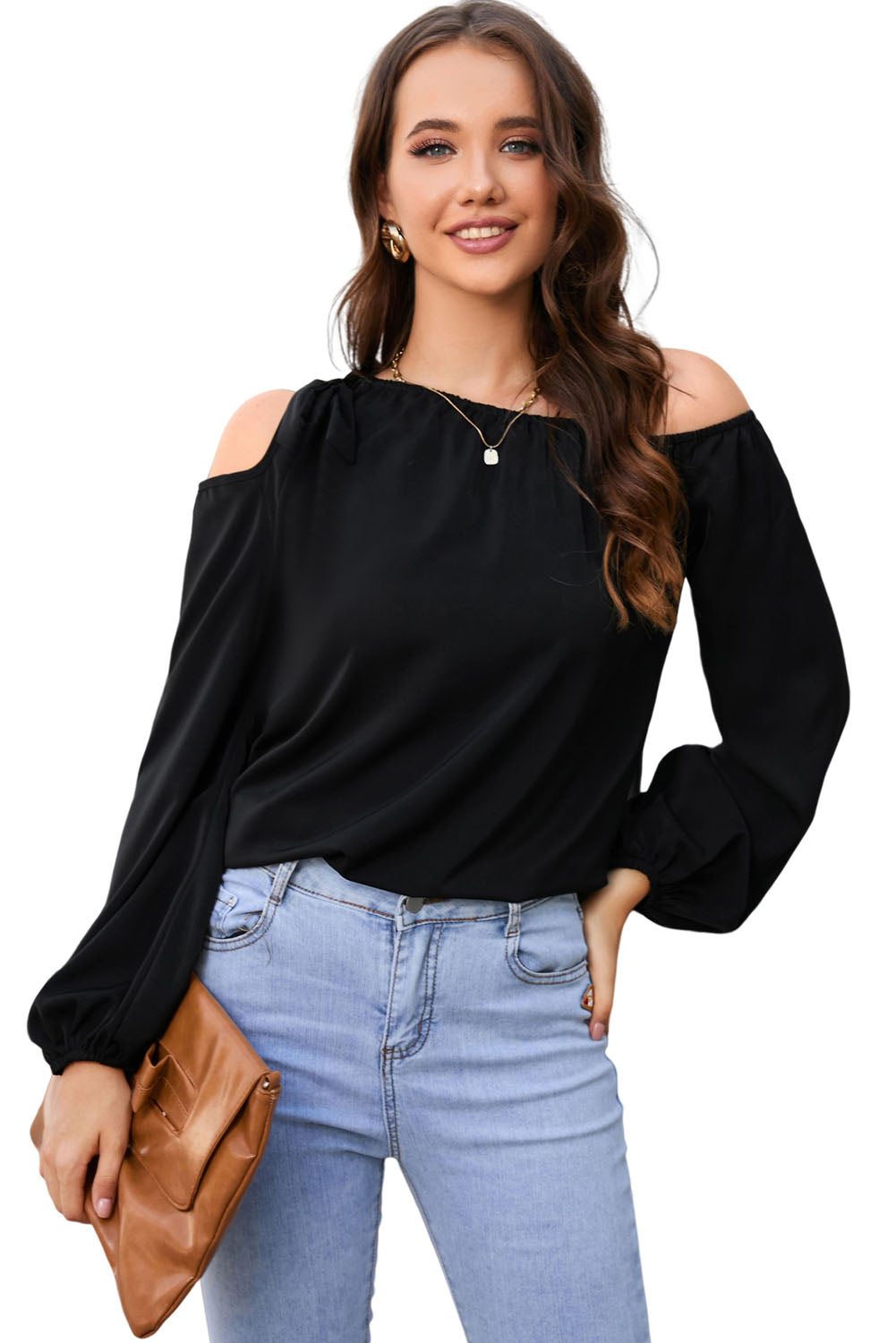Tied Asymmetrical Neck Cold-Shoulder Blouse - Classique Collection