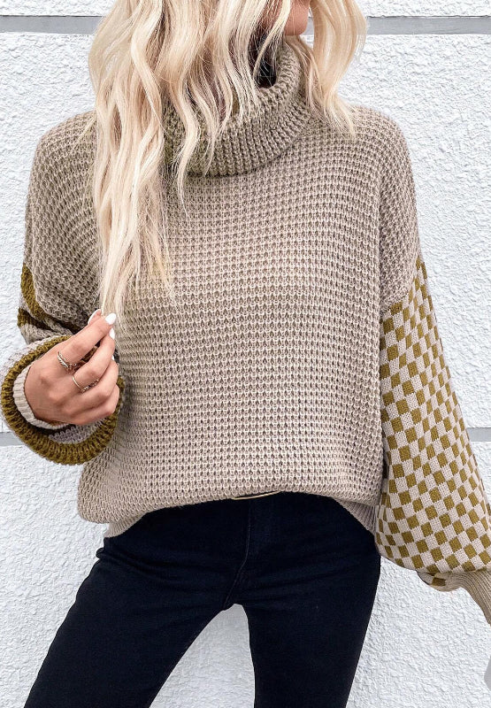 Striped & Checkered Turtleneck Dropped Shoulder Sweater - ClassiQ