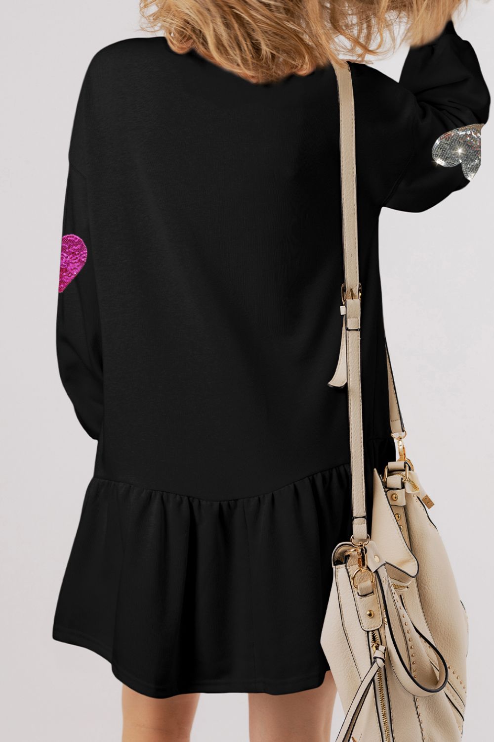 Sequin Heart Round Neck Long Sleeve Mini Dress - Classique Collection