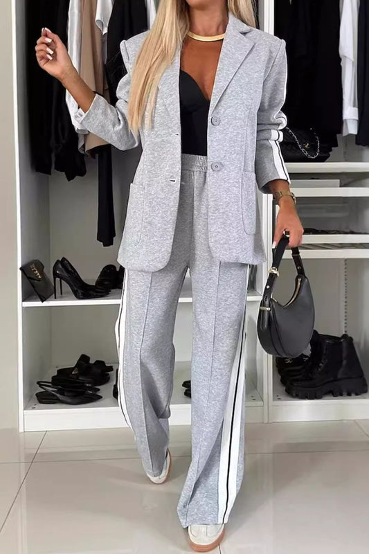 Full Size Contrast Lapel Collar Top and Pants Set - ClassiQ