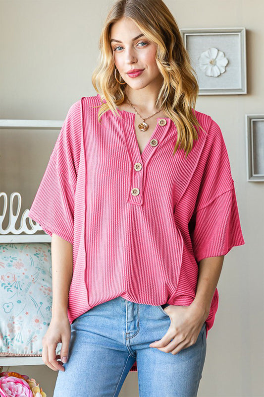 Heimish Full Size Ribbed Half Button Drop Shoulder Top - Classique Collection