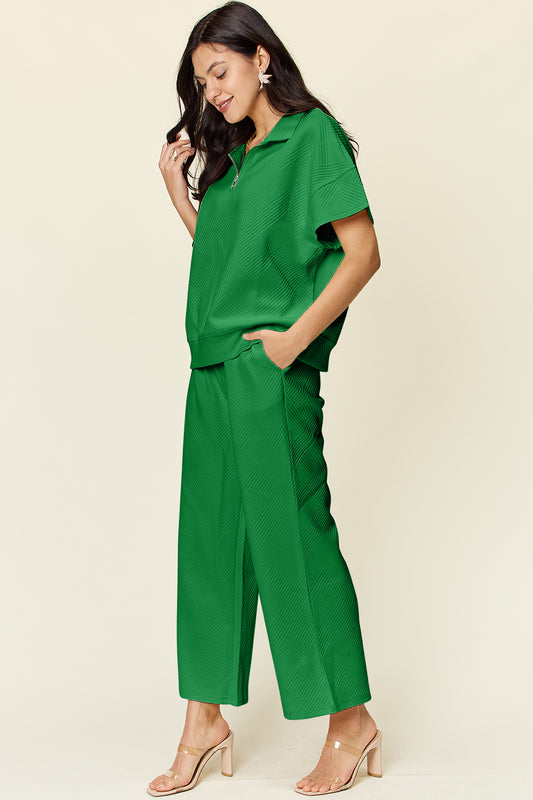 Double Take Full Size Texture Half Zip Short Sleeve Top and Pants Set - ClassiQ
