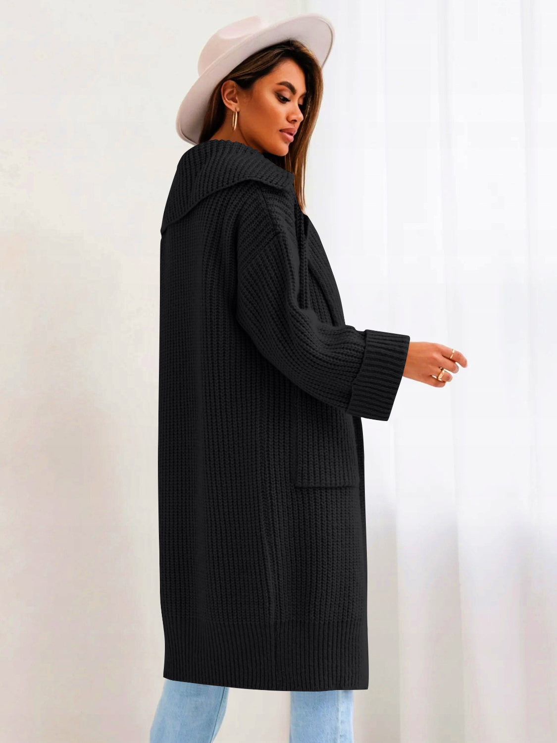 Pocketed Collared Neck Dropped Shoulder Cardigan - ClassiQ