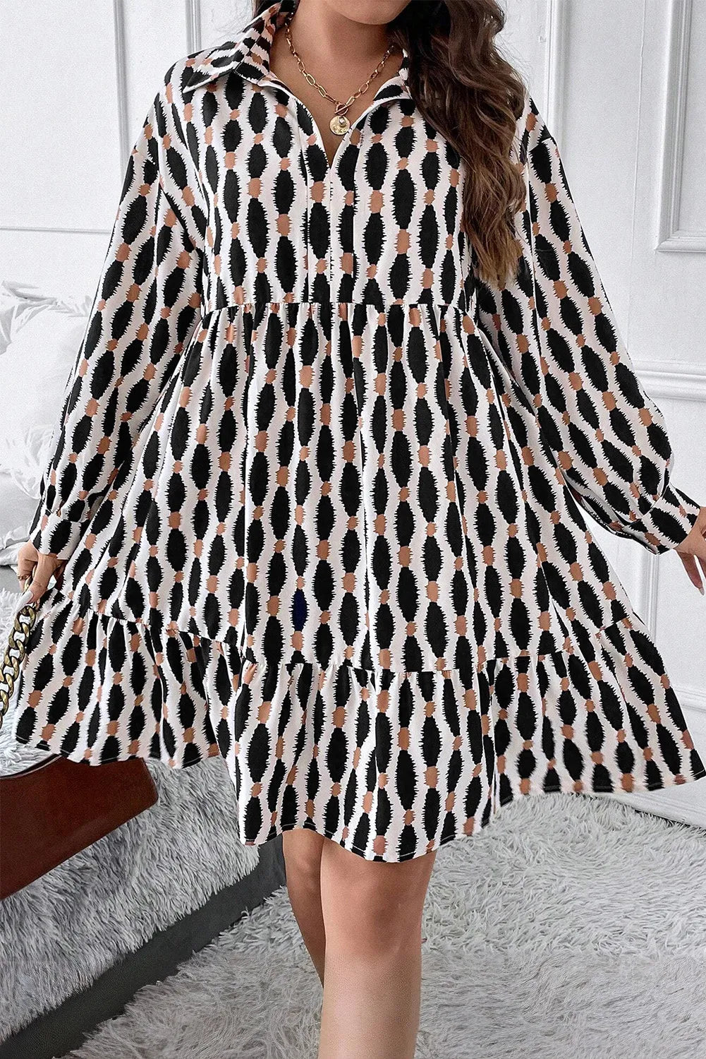 Plus Size Printed Johnny Collar Long Sleeve Dress - Classique Collection