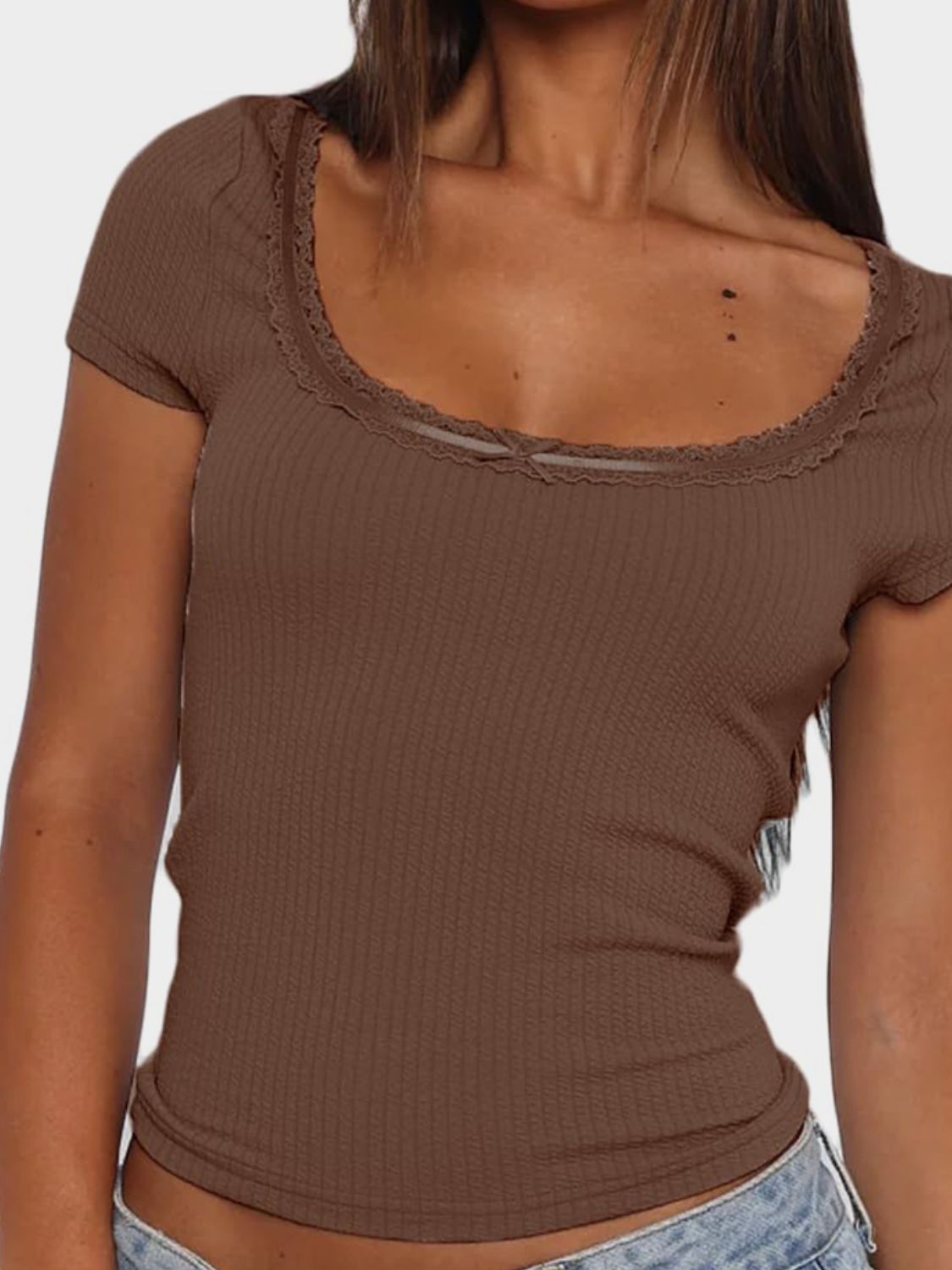 Lace Detail Scoop Neck Short Sleeve T-Shirt - Classique Collection