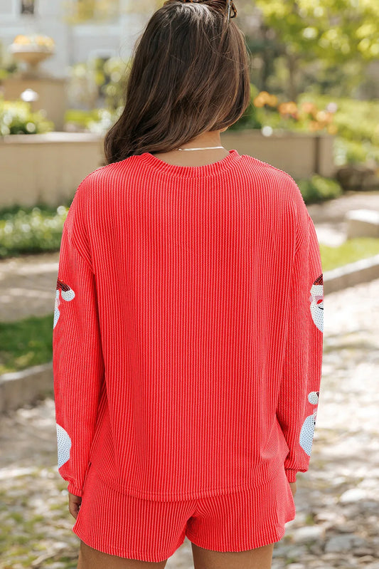 Sequin Santa Round Neck Long Sleeve Top and Shorts Set - ClassiQ