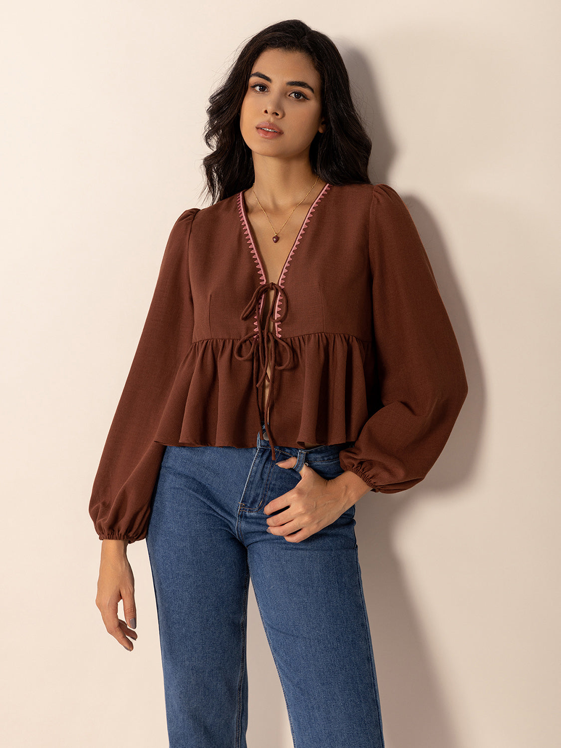 Peplum Tied V-Neck Long Sleeve Blouse - Classique Collection