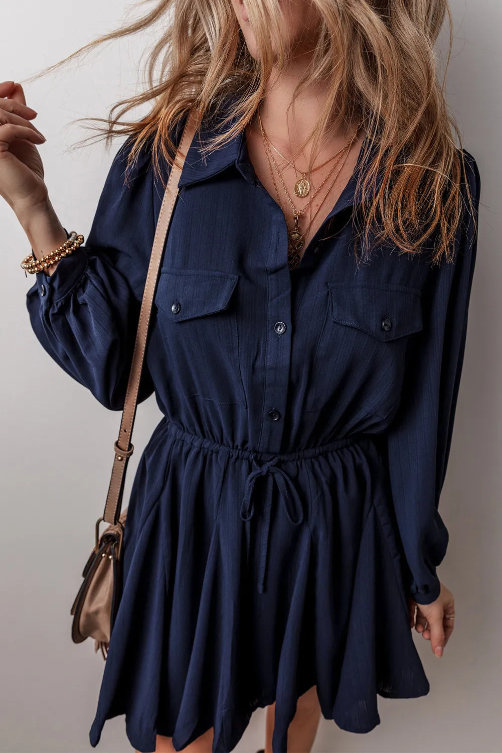 Drawstring Half Button Long Sleeve Dress - Classique Collection