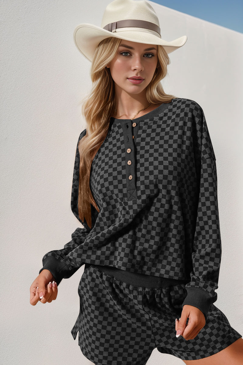 Double Take Checkered Half Button Top and Shorts Set - ClassiQ