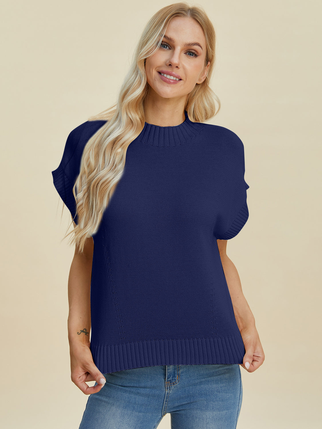 Double Take Full Size Mock Neck Short Sleeve Sweater - ClassiQ