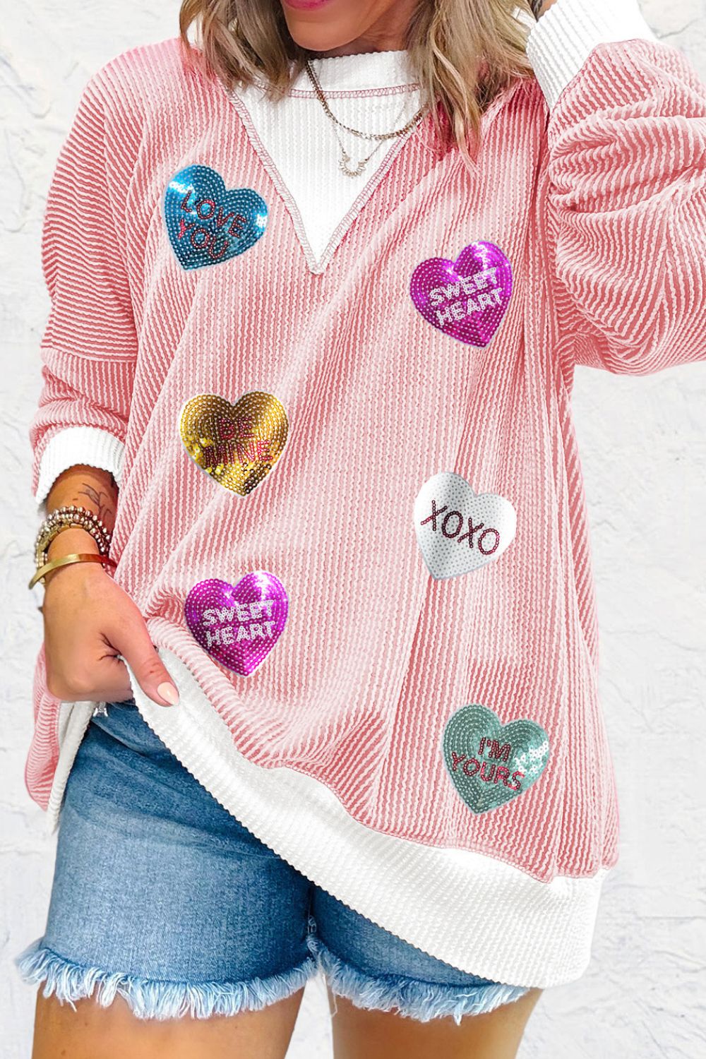 Valentine’s Day Sequin Heart Long Sleeve Sweatshirt - Classique Collection