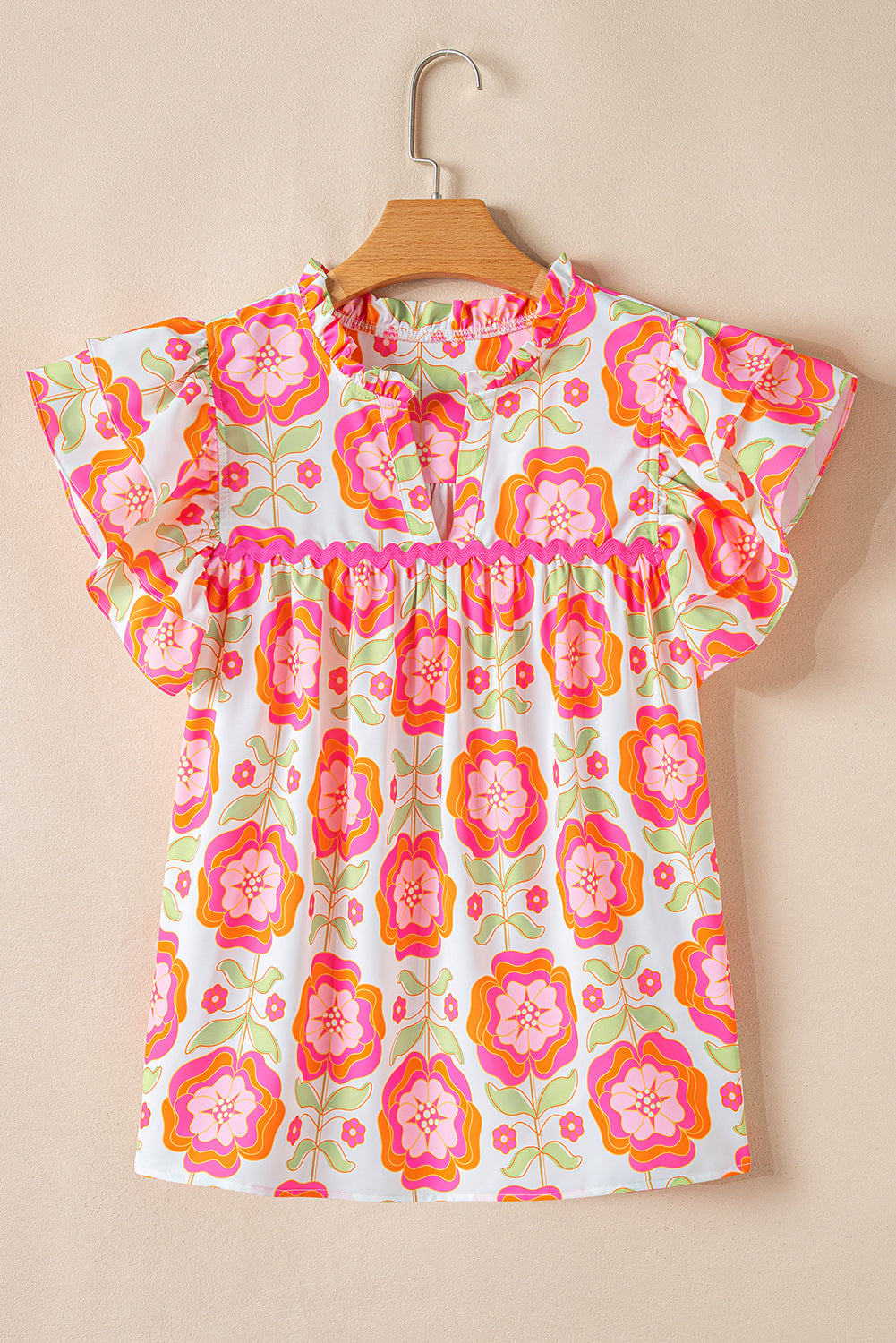 Rose Boho Floral Print Ricrac Ruffle Sleeve Blouse - ClassiQ