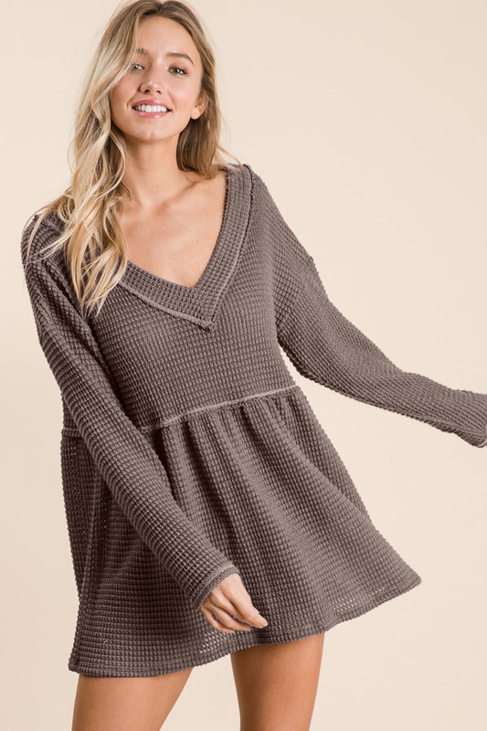BiBi Waffle Knit V-Neck Babydoll Blouse - Classique Collection