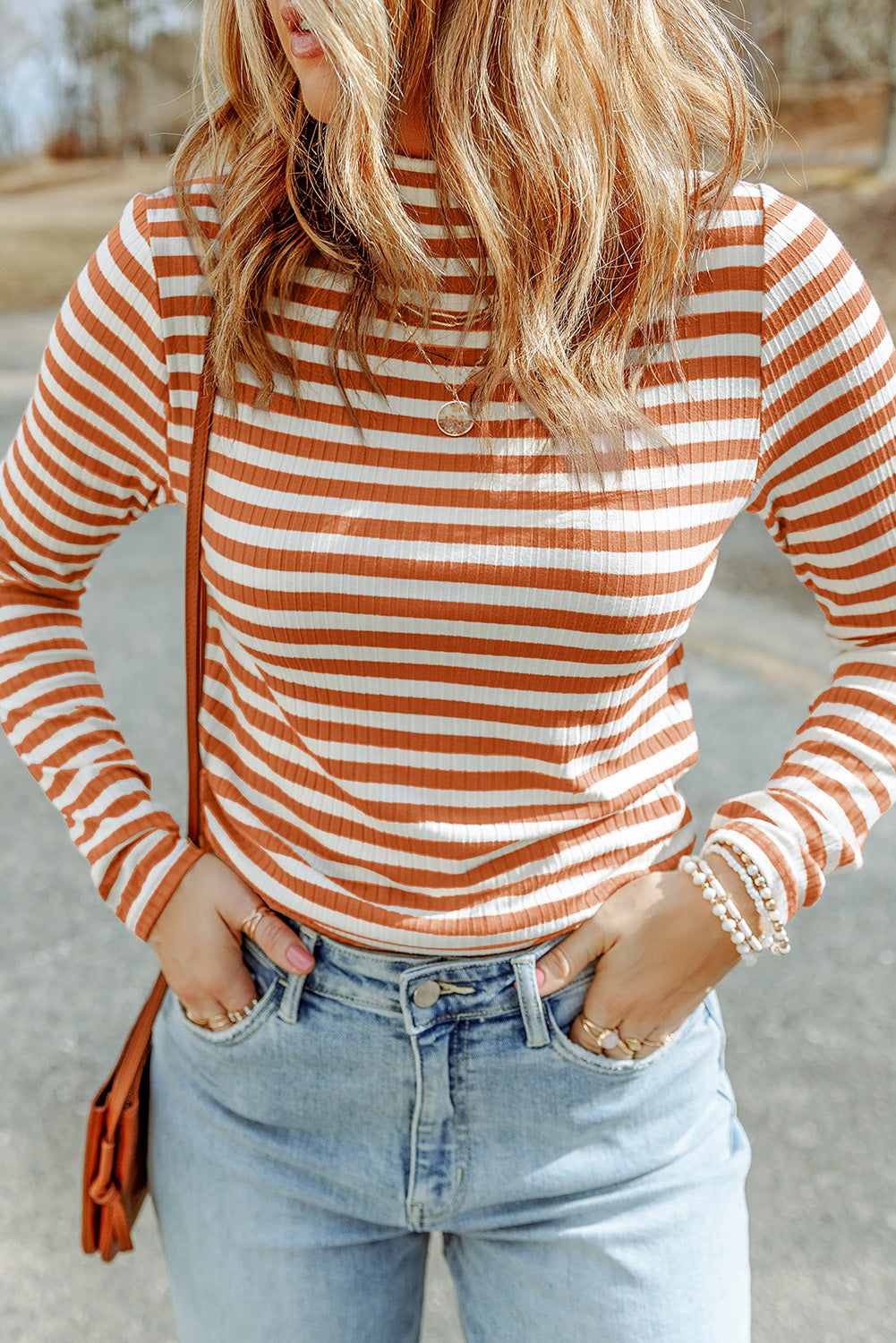 Striped Mock Neck Long Sleeve Top - Classique Collection