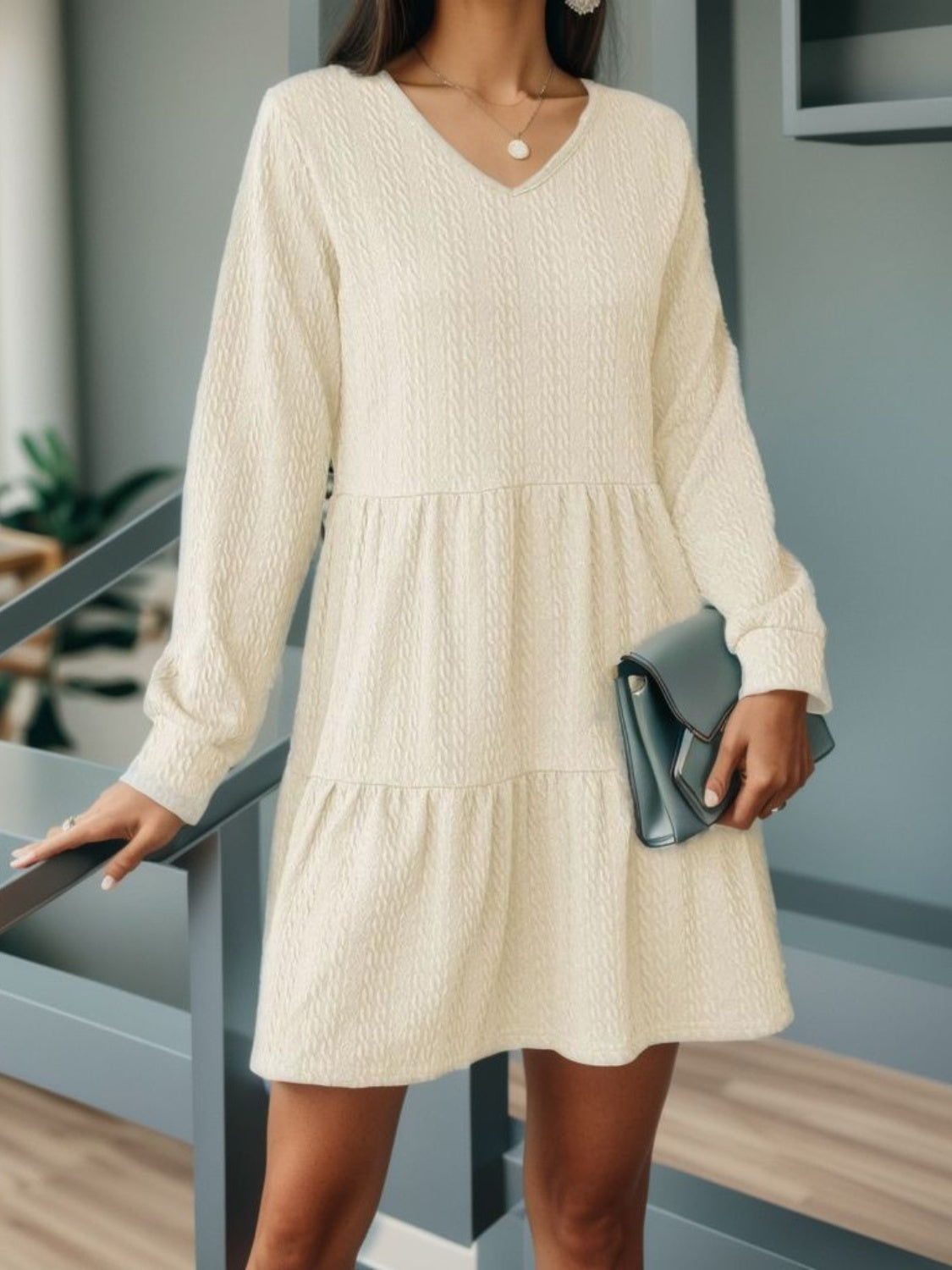 V-Neck Long Sleeve Mini Dress - Classique Collection