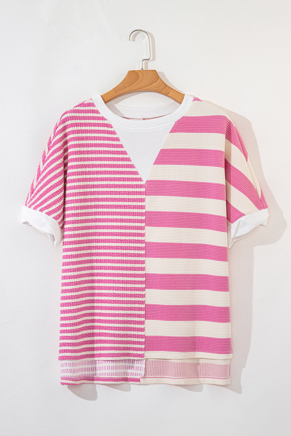 High-Low Striped Round Neck Short Sleeve T-Shirt - Classique Collection