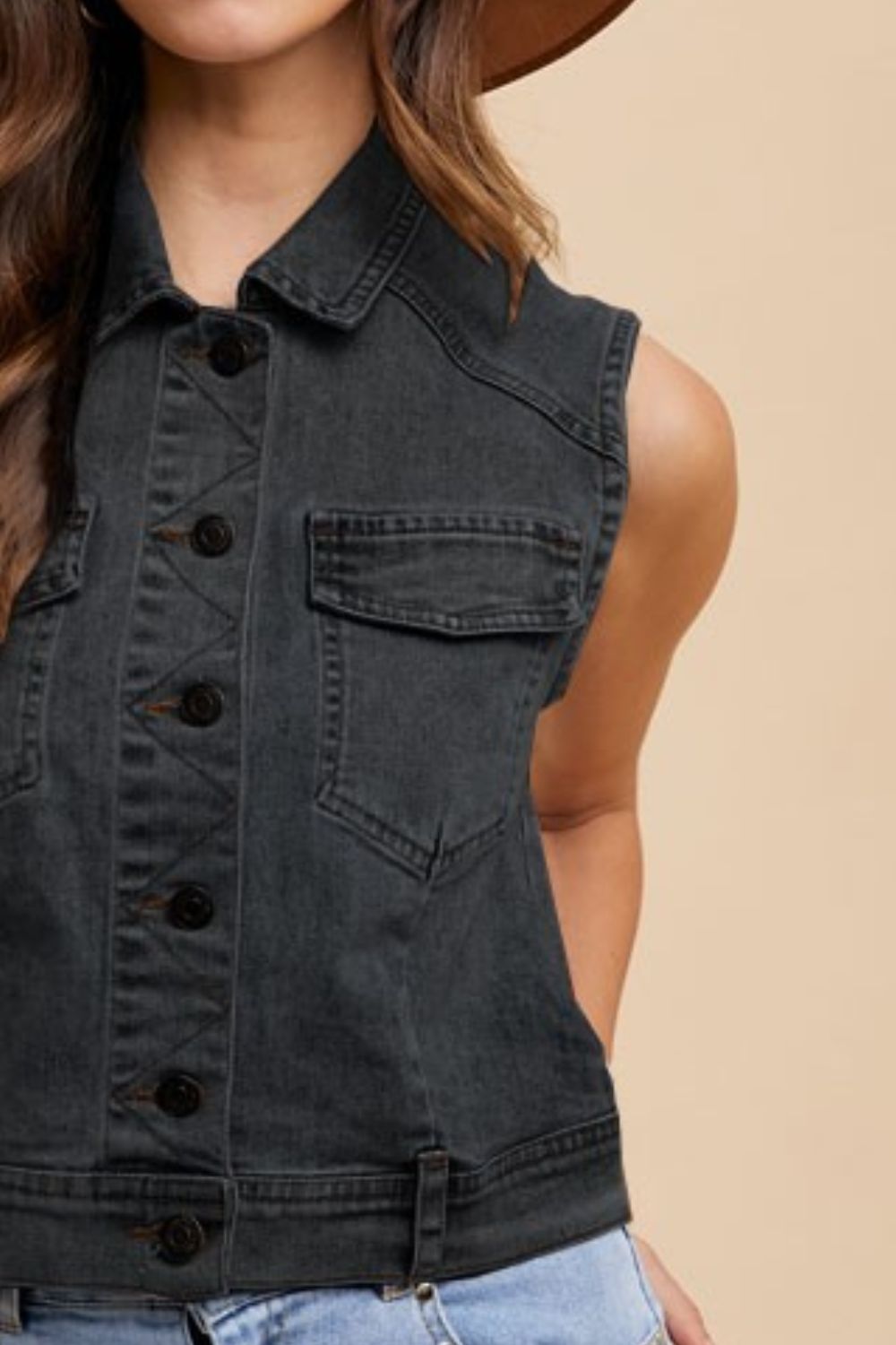 Annie Wear Collared Neck Button Down Denim Vest - ClassiQ