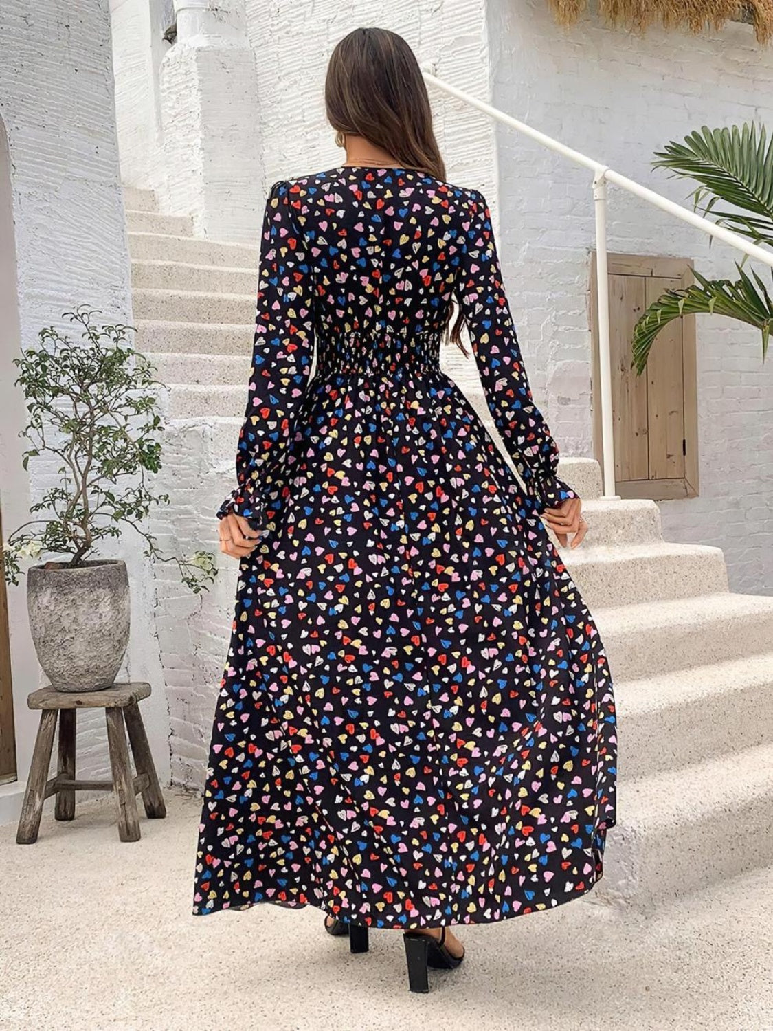 Smocked Printed V-Neck Flounce Sleeve Dress - Classique Collection