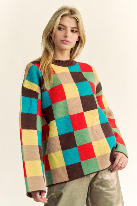 Davi & Dani Color Block Checkered Dropped Shoulder Sweater - Classique Collection