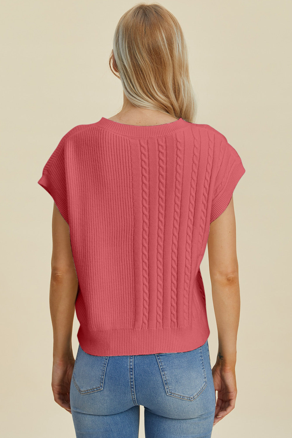 Double Take Full Size Cable-Knit Round Neck Short Sleeve Sweater - ClassiQ