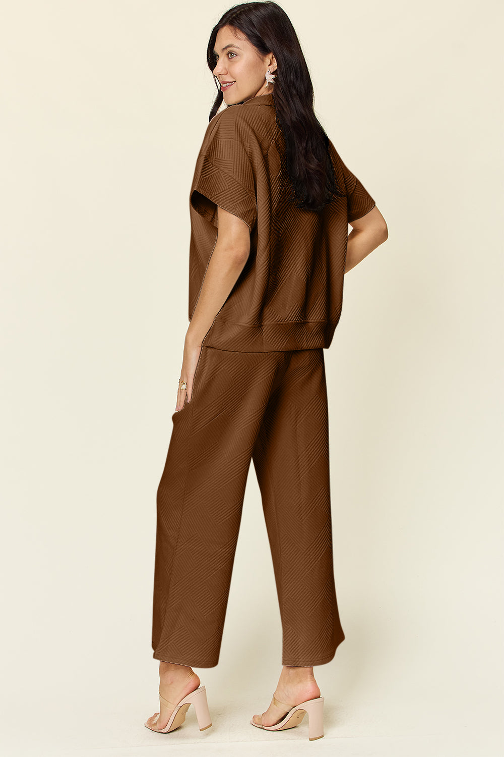 Double Take Full Size Texture Half Zip Short Sleeve Top and Pants Set - ClassiQ
