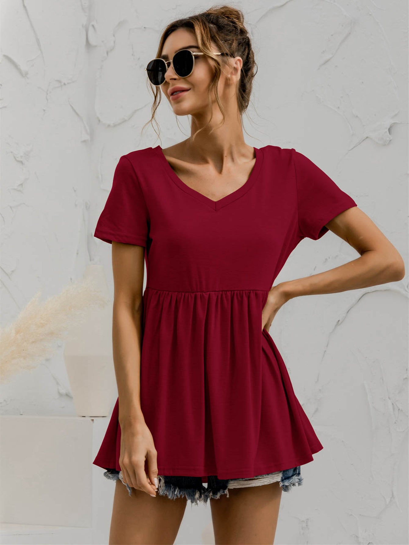 V-Neck Short Sleeve Babydoll Top - Classique Collection