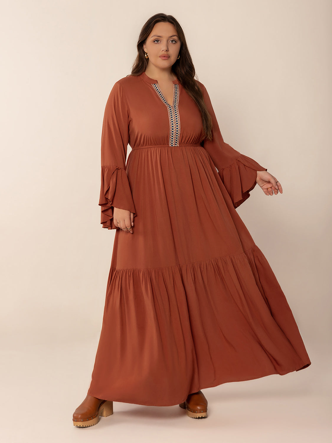 Plus Size Ruffled Notched Long Sleeve Midi Dress - Classique Collection