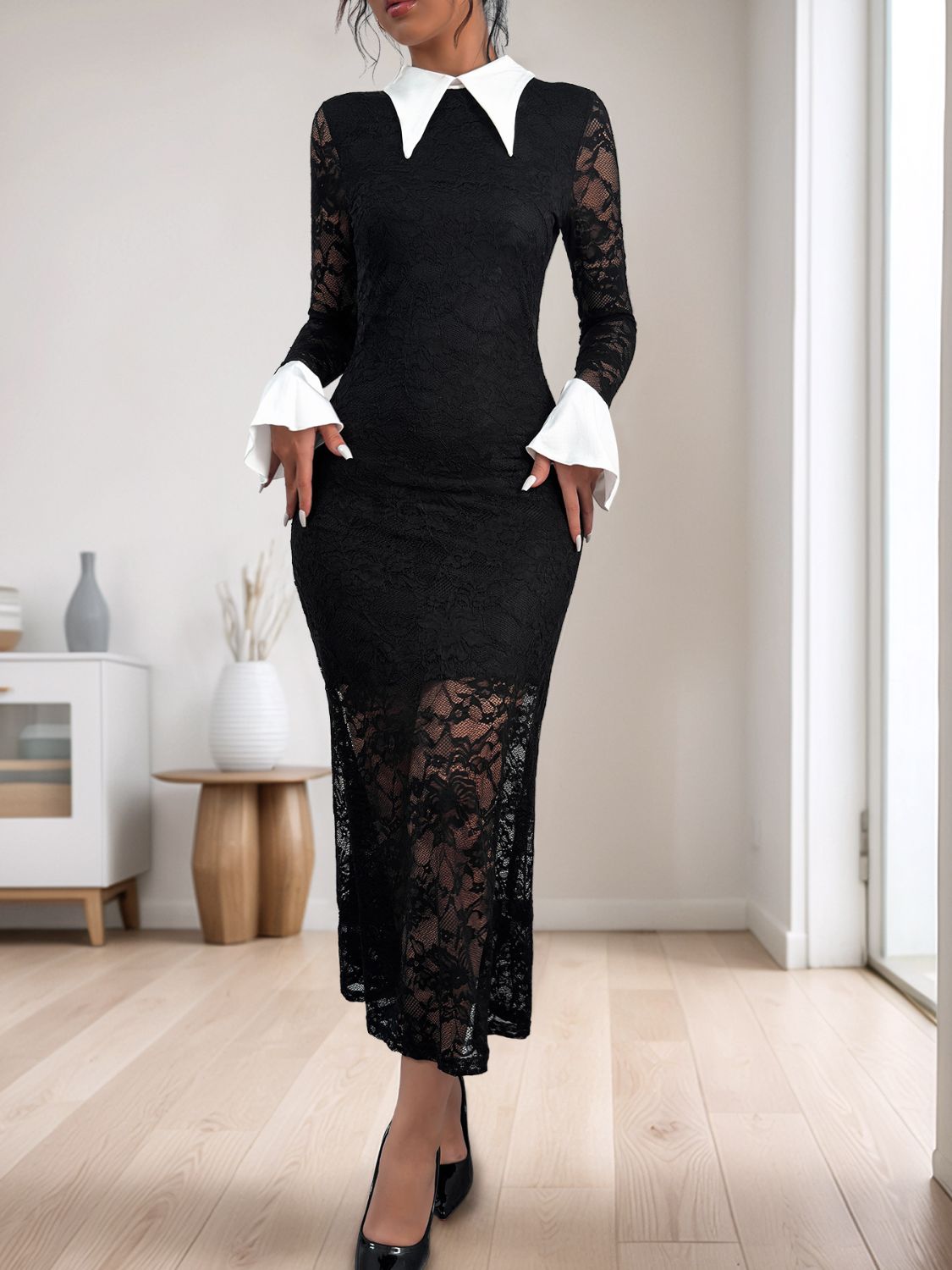 Perfee Lace Contrast Collared Neck Long Sleeve Midi Dress - Classique Collection