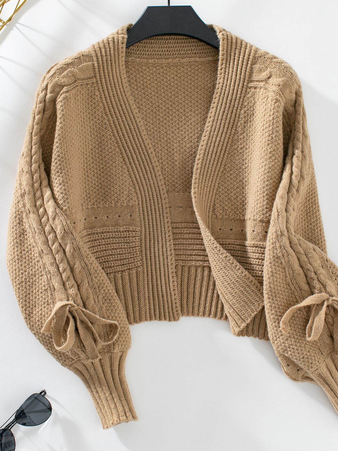 Cable-Knit Tied Open Front Lantern Sleeve Cardigan - Classique Collection