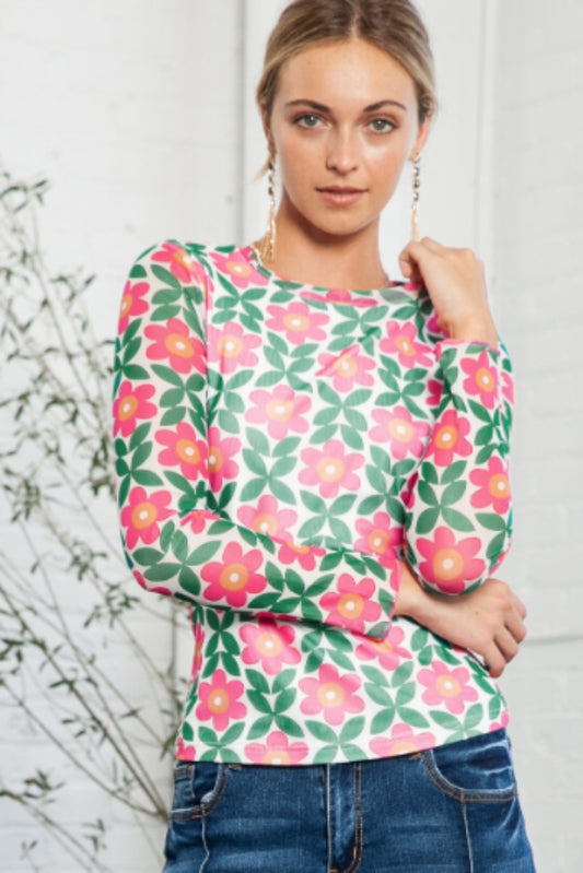Floral Round Neck Long Sleeve Top - Classique Collection