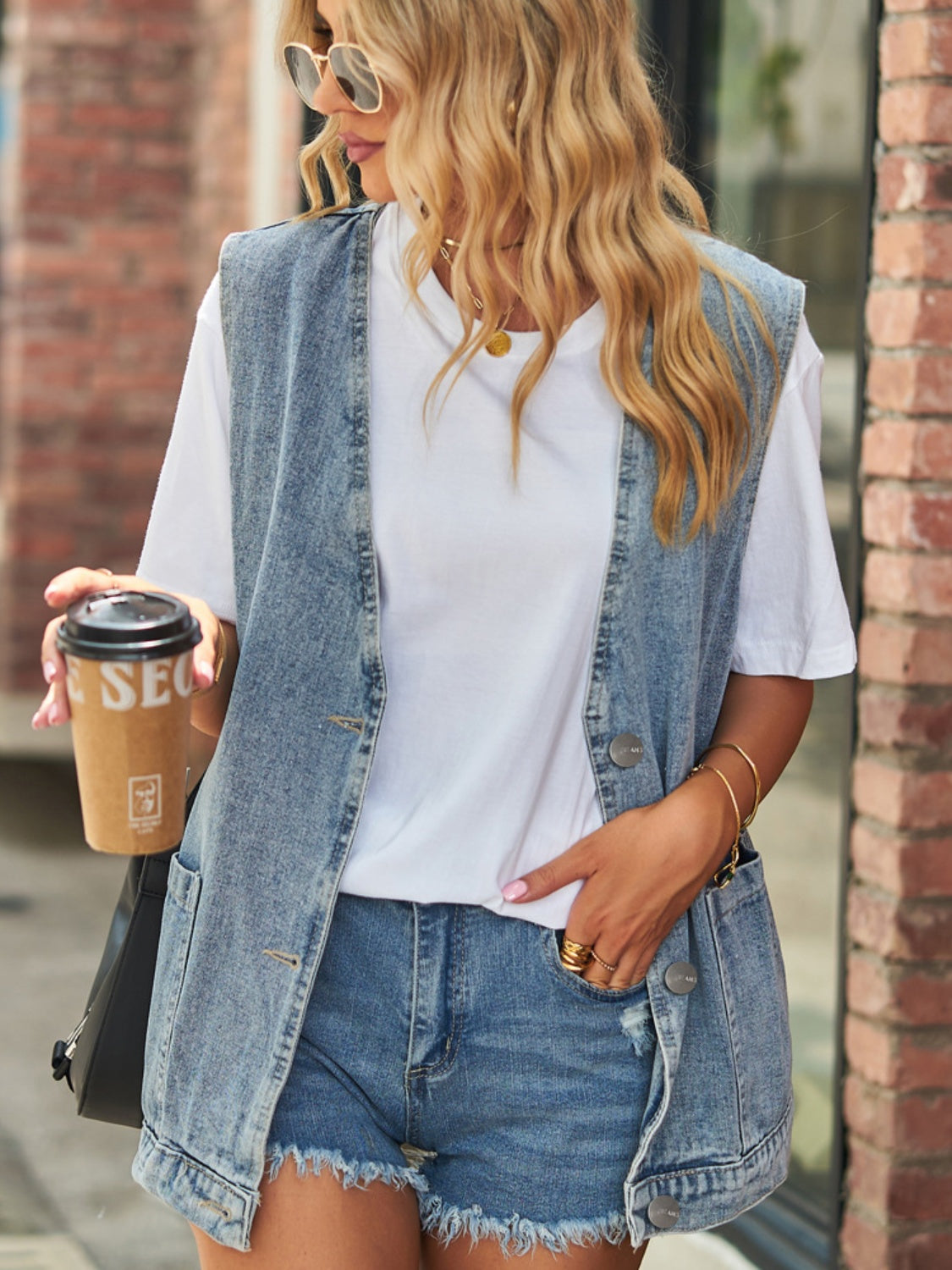 Full Size V-Neck Button Up Denim Vest - Classique Collection