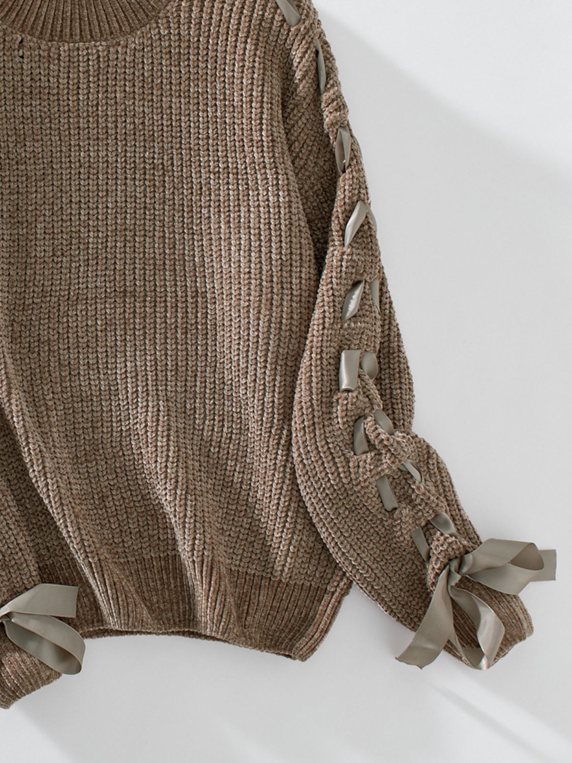 Lace Up Round Neck Long Sleeve Sweater - ClassiQ