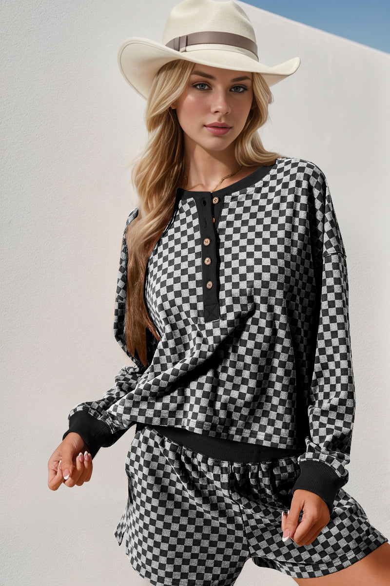 Double Take Checkered Half Button Top and Shorts Set - ClassiQ