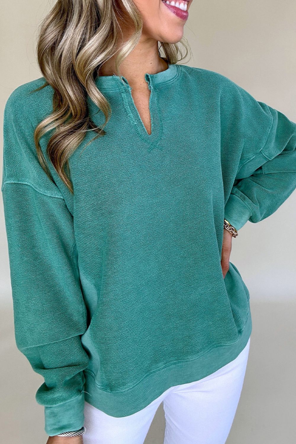 Notched Drop Shoulder Long Sleeve Sweatshirt - Classique Collection