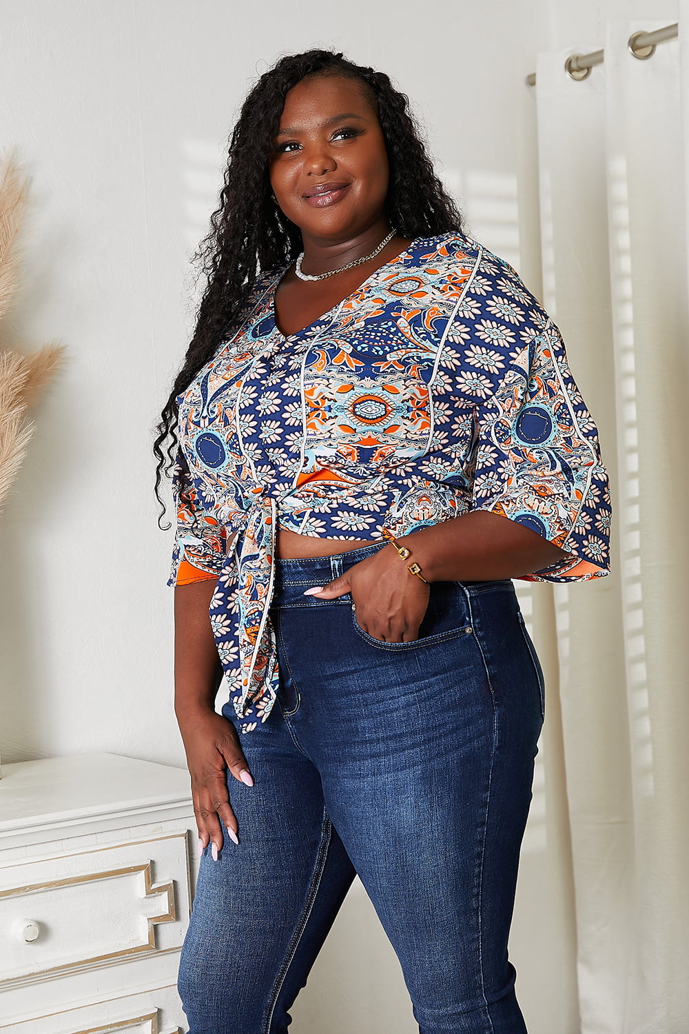 Tie Hem V-Neck Three-Quarter Sleeve Blouse - Classique Collection