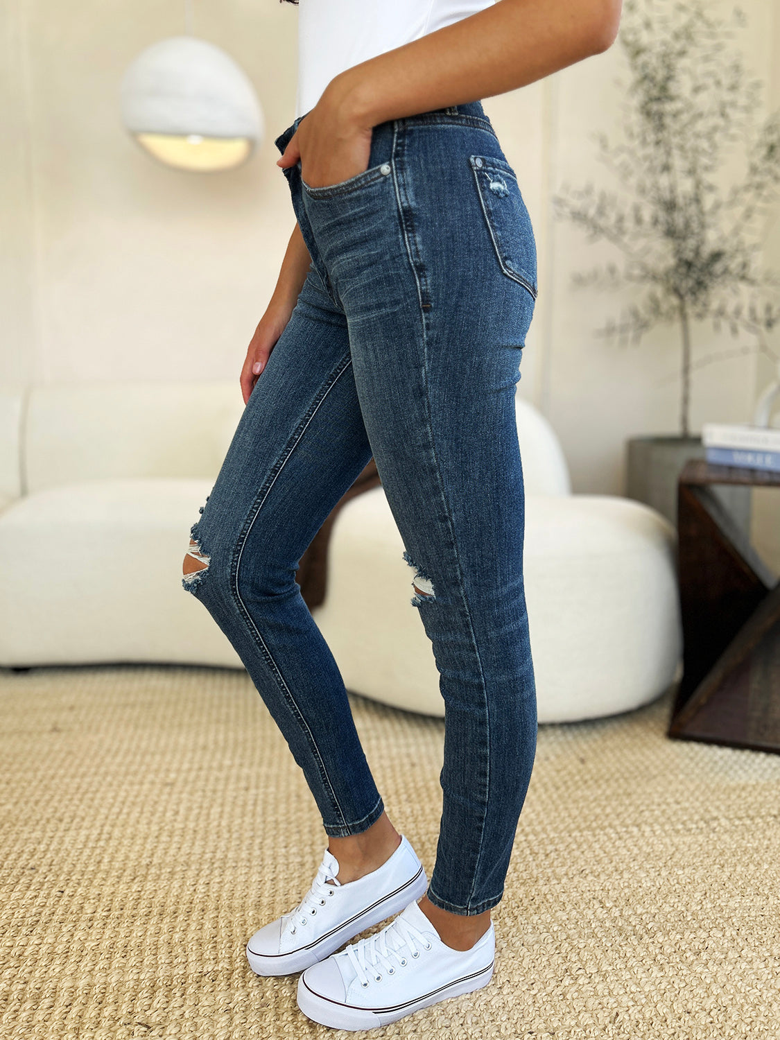 Judy Blue Full Size Mid Waist Distressed Slim Jeans - Classique Collection