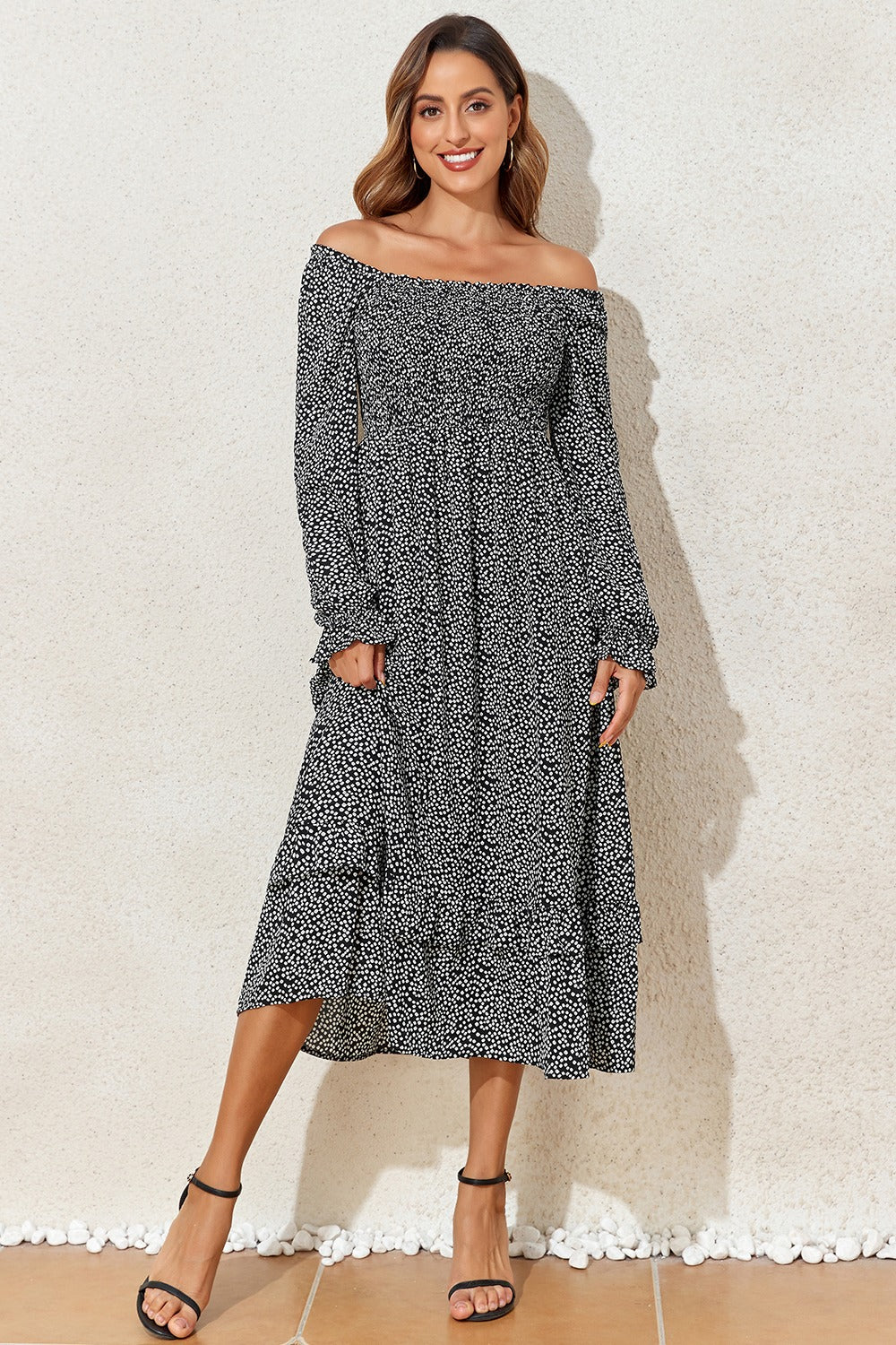 Printed Square Neck Long Sleeve Midi Dress - Classique Collection
