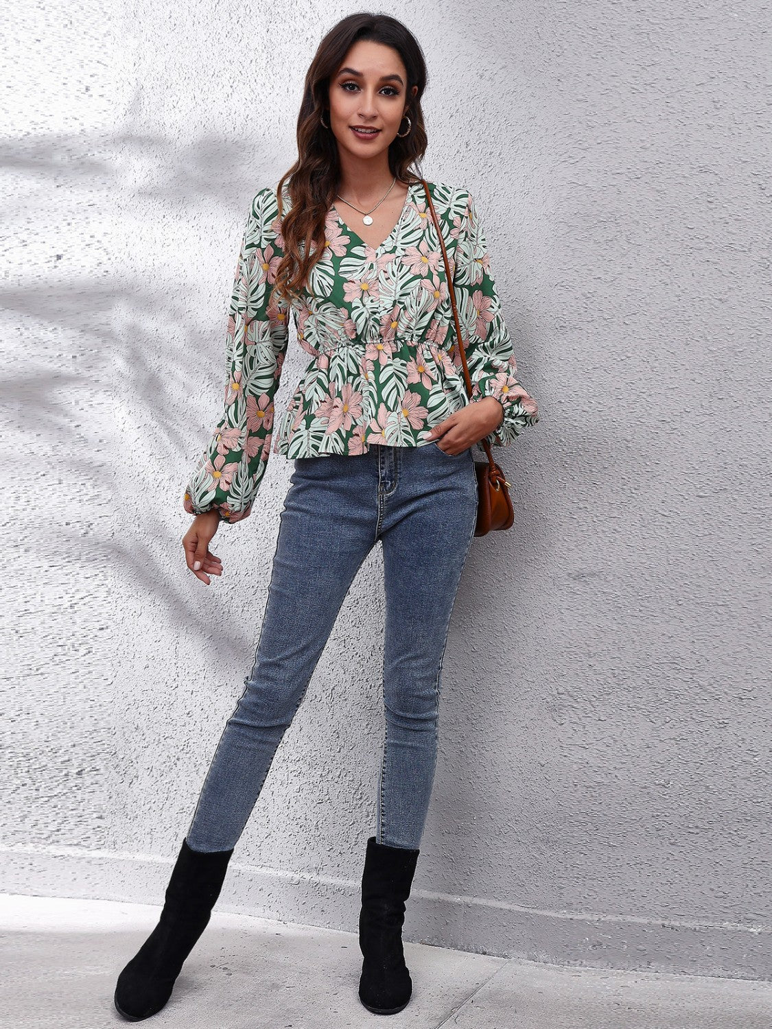 Floral V-Neck Balloon Sleeve Peplum Blouse - Classique Collection