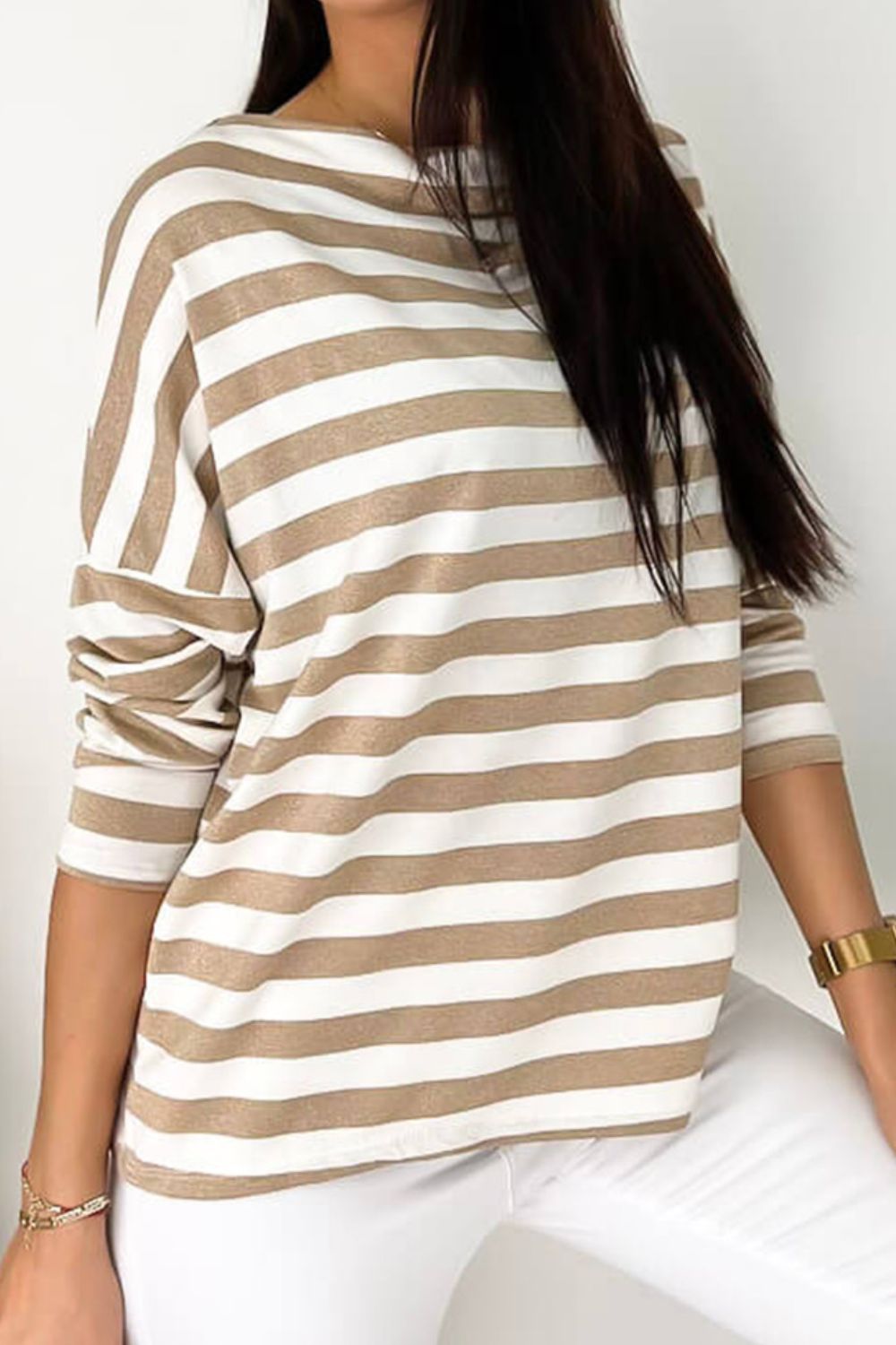 Striped Round Neck Long Sleeve Blouse - ClassiQ